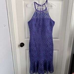 Guess Purple Lace Halter Dress Cage Back Ruffle Hem Cocktail Size 12